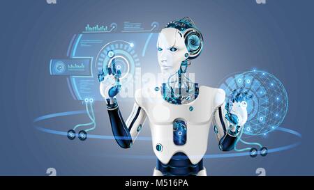 Robot cybernetic organism works with a virtual HUD interface in augmented reality. Humanoid robot with a plastic face presses the button on the digita Stock Vector