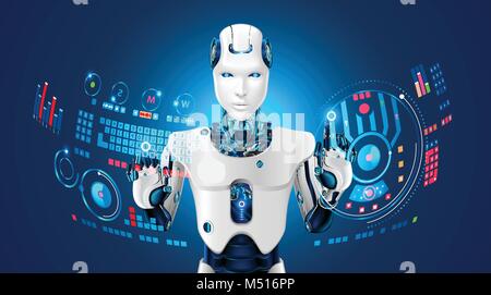 Robot humanoid works with a virtual HUD interface in augmented reality. Robot with a plastic face presses button on virtual keyboard and working with  Stock Vector