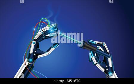 the robot repairs itself. The robot arm close-up. The robot holds in a hand a soldering iron and solder the faulty contacts on the finger. Future conc Stock Vector