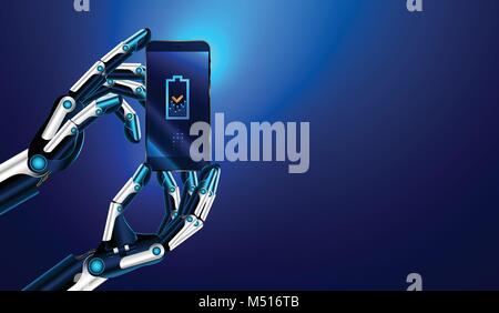 The robot advertise smart phone. Robot hands holding a smart phone and displays on its screen an icon of a charging battery. VECTOR Stock Vector