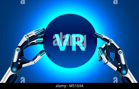 Virtual and augmented reality in the first person. Human hand in virtual reality like a robot. Technological concept. Banner for your logo or text. Stock Vector