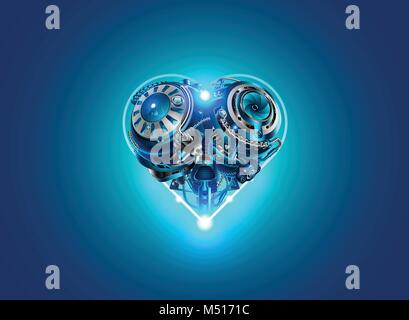 Background card Valentine's day in style, technology, robots, industry, cybernetics and science. Mechanical heart, metal mechanism in the form of hear Stock Vector