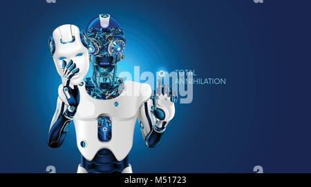 Artificial intelligence destroy humanity. Robot removes the anthropomorphic mask. AI gives the command to destroy. Evil mechanical robot head with bur Stock Vector