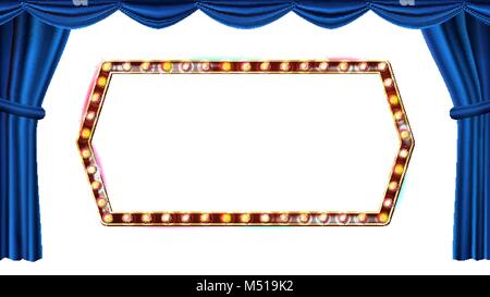 Gold Frame Light Bulbs Vector. Isolated On White Background. Blue Theater Curtain. Silk Textile. Shining Retro Light Banner. Realistic Illustration Stock Vector