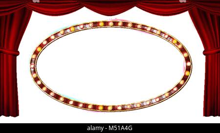 Gold Frame Light Bulbs Vector. Isolated On White Background. Red Theater Curtain. Silk Textile. Shining Retro Light Banner. Realistic Illustration Stock Vector