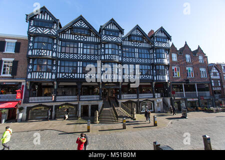 City of Chester, England.  Picturesque view of the pedestrian precinct at Bridge Street. Stock Photo