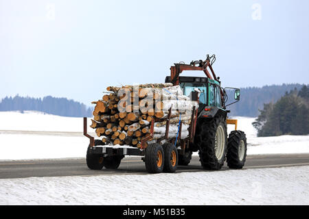 Farm tractor transports snowy wooden logs for firewood on forestry trailer along highway in winter. Stock Photo