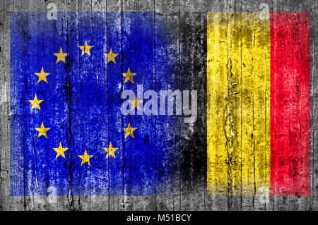 EU and Belgium flag on concrete wall Stock Photo