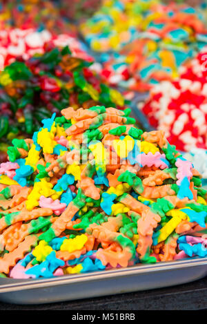 Close up view of assorted colorful different shape jelly candies on market place in Tel Aviv, Israel. Selective focus, space for text Stock Photo