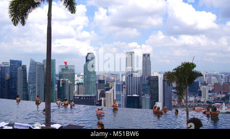 SINGAPORE - APR 1st, 2015: Rooftop infinity pool at the Marina Bay Sands Skypark, with people relaxing to the breathtaking views Stock Photo
