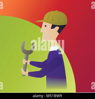 Cartoon plumber or auto repair mechanic service handyman worker man holding a wrench Stock Vector