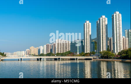 Sha Tin District with the Shing Mun River in Hong Kong, China Stock Photo