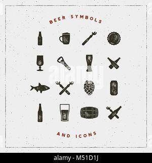 set of beer symbols and icons with letterpress effect. vector illustration Stock Vector