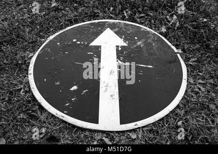 Ahead only, road sign with white arrow lays on grass. Black and white photo Stock Photo