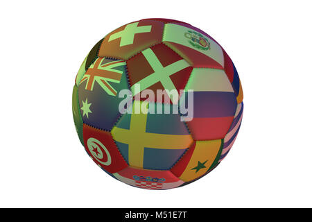 Isolated realistic football with flags of countries participating in the World Cup 2018, in the center of Sweden, Denmark, Australia and Russia, 3d re Stock Photo