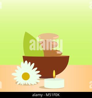 Spa and wellness colorful isolated illustration with hot stones, candles, tropic flowers. Spa and relaxation treatment Stock Vector