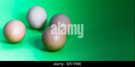 Abstract picture at Easter, four eggs not lying in one sharpness plane on a green background, darkening from left to right, depth of field concept Stock Photo