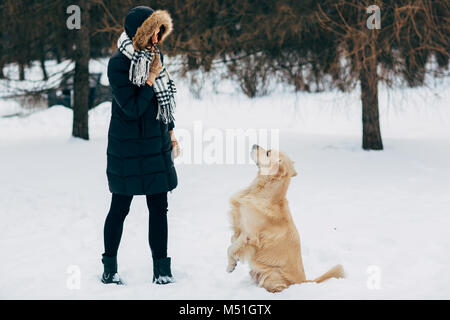 Image of woman with retriever walking in winter park Stock Photo