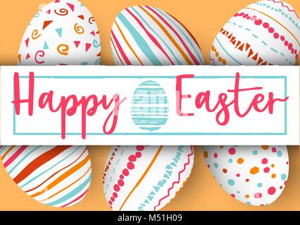 Happy Easter stripe with text on golden background. Easter colorful eggs in vertical line with elegant ornaments and label. hand font vector illustrat Stock Vector