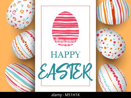 Happy Easter. Festive easter golden background. Easter colorful eggs in vertical line with elegant ornaments and label. hand font vector illustration. Stock Vector