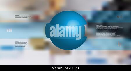 3D illustration infographic template with motif of sliced ball to three blue parts which are stacked with shifted elements. Simple sign and text is in Stock Vector