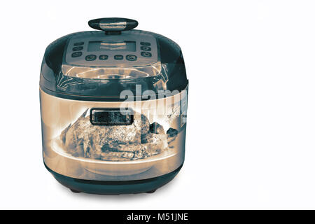 Home appliances: electric multifunction cooking pot . Presented on a white background.  The double exposure effect. Stock Photo