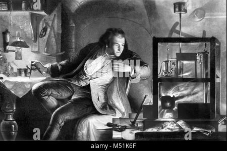 'James Watt and the Steam Engine', engraving by James Scott after a painting by James Eckford Lauder 1860. James Watt (1736-1819) was an 18thC mechanical engineer and inventor of the condensing steam engine. In this painting he is shown working in his laboratory on improvements to the Newcomen steam engine . Stock Photo