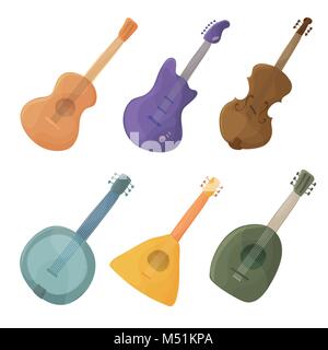 Musical stringed instruments in cartoon style guitar, violin, balalaika, lute - vector Stock Vector