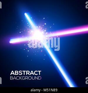 Abstract background with two crossed light neon swords fight. Glowing rays in space. Crossing laser sabers war. Club logo or emblem. Battle with star, flash and particles. Colorful vector illustration Stock Vector