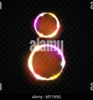 Two neon glowing circles. Decoration for international womens day 8 eight march. Bright banner on transparent background. Greeting card for women day design. Flash light colorful vector illustration. Stock Vector