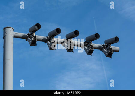 A set of surveillance or average speed cameras on the Great West Road, Hounslow, Middlesex, UK Stock Photo