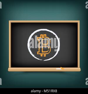Bitcoin education drawing on school blackboard. Crypto currency lesson draw on chalkboard. Teach to mining finance. E-commerce business learning Stock Vector