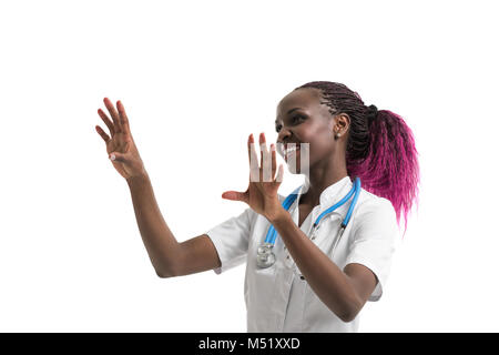 Female medical doctor working with invisible interface. Copyspace for your design Stock Photo