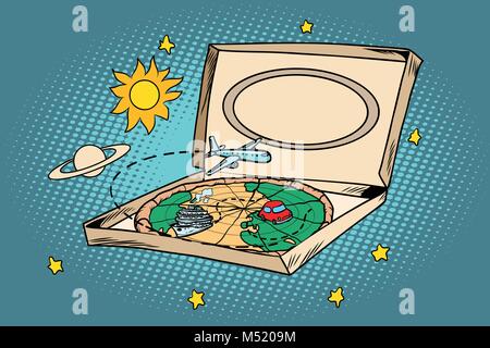 Travel tourism concept, cosmos pizza planet earth and transport Stock Vector