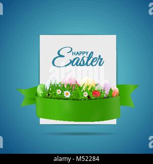 Happy Easter Natural Background with Eggs, grass, flower and white blank for sample text. Vector Illustration Stock Vector