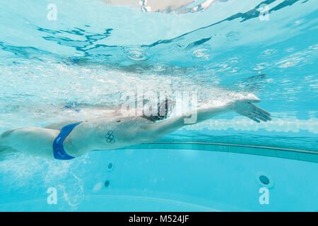 Underwater view of Olympic swimmer training in pool, Tenerife, Canary Islands, Spain Stock Photo