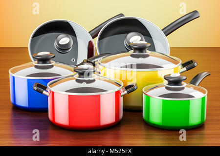 Pots and pans. Set of cooking kitchen utensils and cookware. 3d  illustration Stock Photo - Alamy