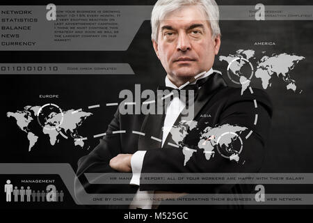 Businessman pressing high tech type of modern buttons on a virtual background Stock Photo