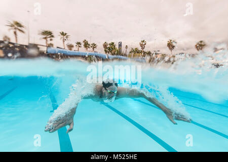 Underwater view of Olympic swimmer training in pool, Tenerife, Canary Islands, Spain Stock Photo