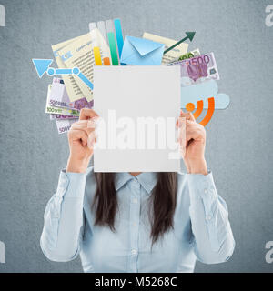 Businesswoman showing book of success. Business as concept. Copyspace on blank sign Stock Photo