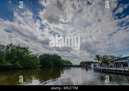 Boat tours depart from marina at Biscayne National Park, which encompasses coral reefs, islands and shoreline mangrove forest in the northern Florida. Stock Photo