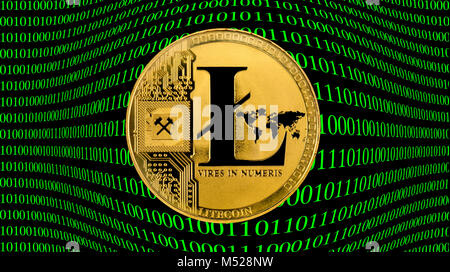 Symbol image Cryptocurrency,digital currency,golden coin Litecoin with binary code,background image Stock Photo