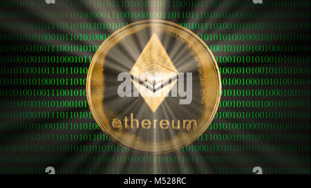 Symbol image Cryptocurrency,digital currency,golden coin Ethereum with binary code,background image Stock Photo