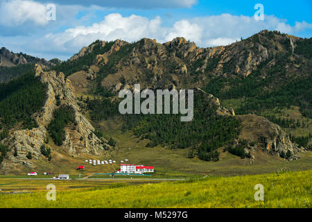 Tourist accommodation with yurts in Gorkhi-Terelj National Park,Mongolia Stock Photo