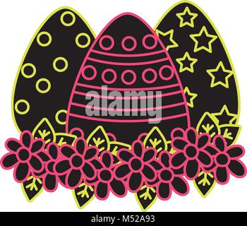 neon flat eggs easters decorations with flowers and leaves design Stock Vector