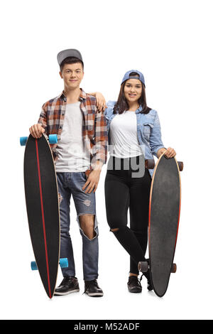 Full length portrait of teenagers with longboards isolated on white background Stock Photo