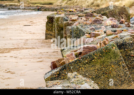 Line of ruined concrete World War II anti tank blocks on sandy beach, Sandend, Moray, Scotland, UK Stock Photo