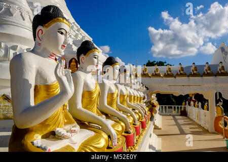 Details and sculptures of the beautiful white Pagoda, located on an island in Kan Thar Yar Lake Stock Photo