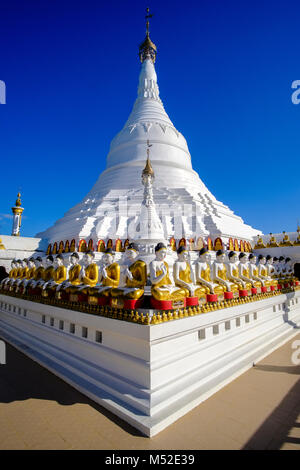 Details and sculptures of the beautiful white Pagoda, located on an island in Kan Thar Yar Lake Stock Photo