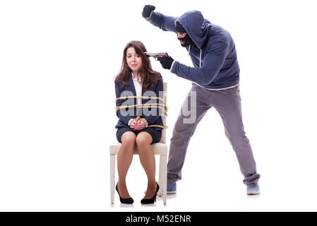 Kidnapper with tied woman isolated on white Stock Photo